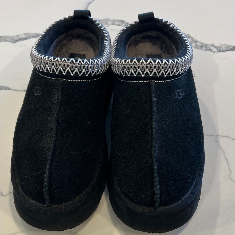 UGG Black Suede Slip-Ons with Patterned Trim